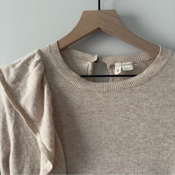 Anthropologie Moth Ruffle Beige tight Knit Sweater long sleeve crew neck keyhole - Picture 4 of 8